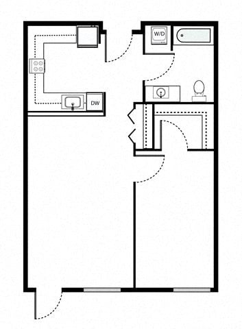 Floor plan for 1 bed, 1 bath, 671 sqft