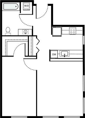 Floor plan for 1 bed, 1 bath, 743 sqft