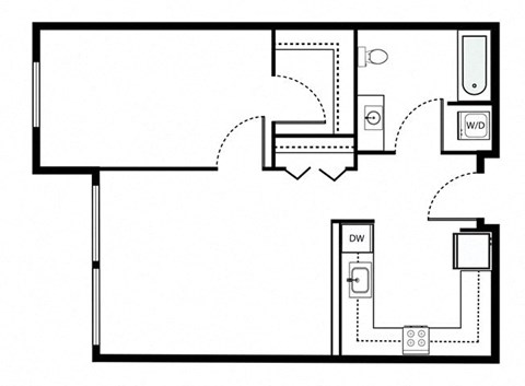 Floor plan for 1 bed, 1 bath, 670 sqft
