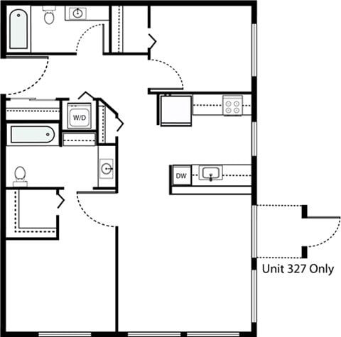 Floor plan for 2 beds, 2 baths, 979 sqft