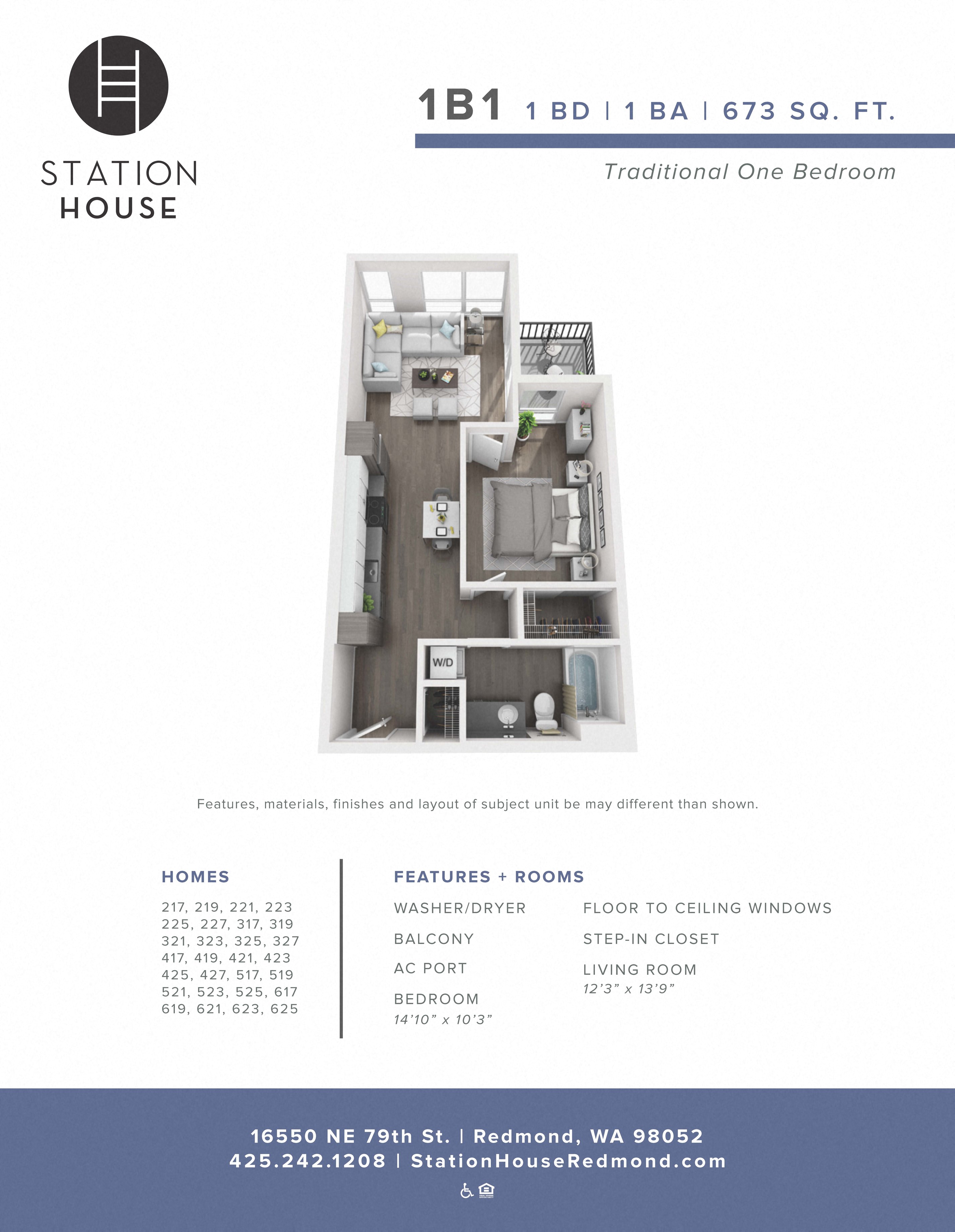 Floor plan for 1 bed, 1 bath, 673 sqft