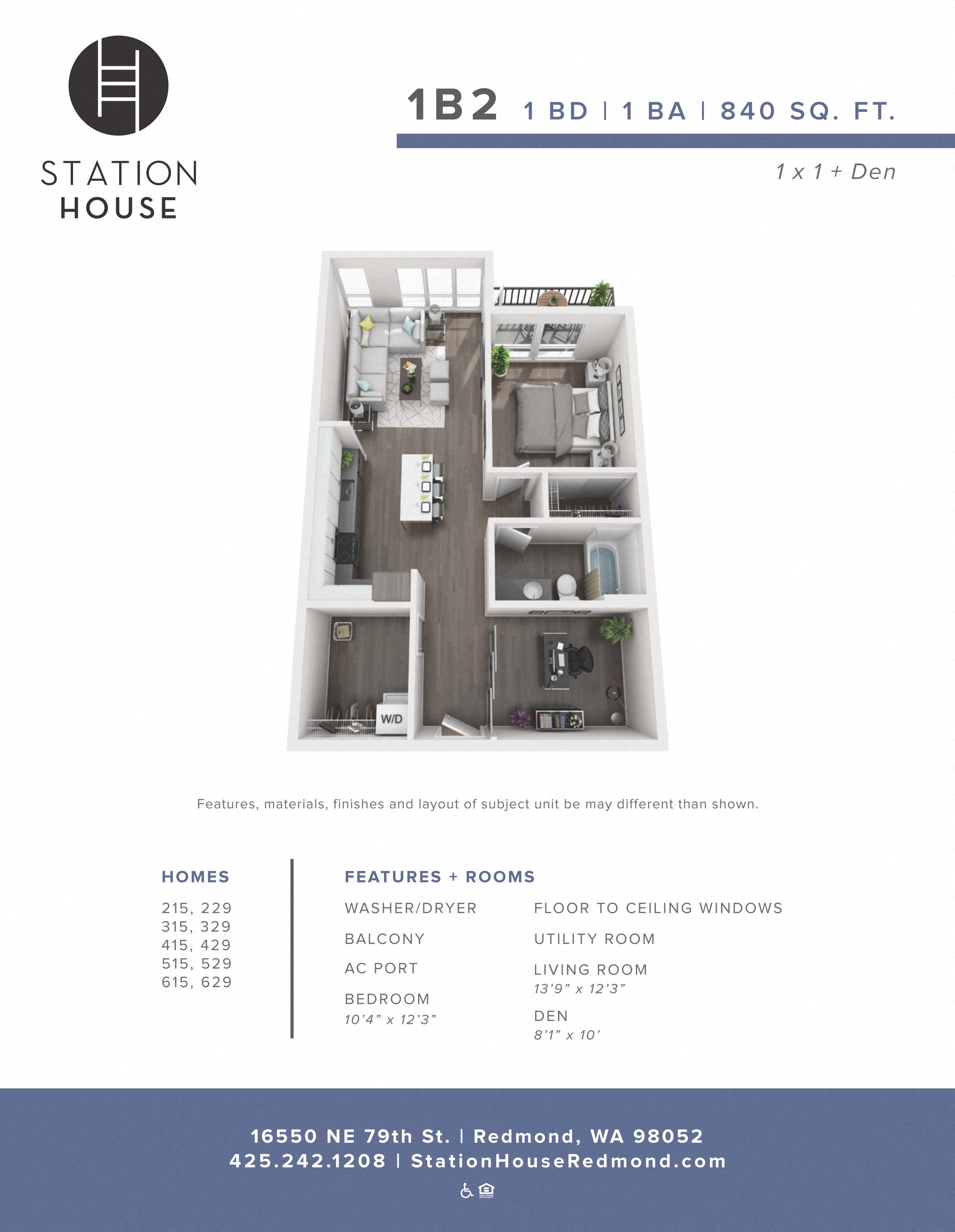 Floor plan for 1 bed, 1 bath, 840 sqft