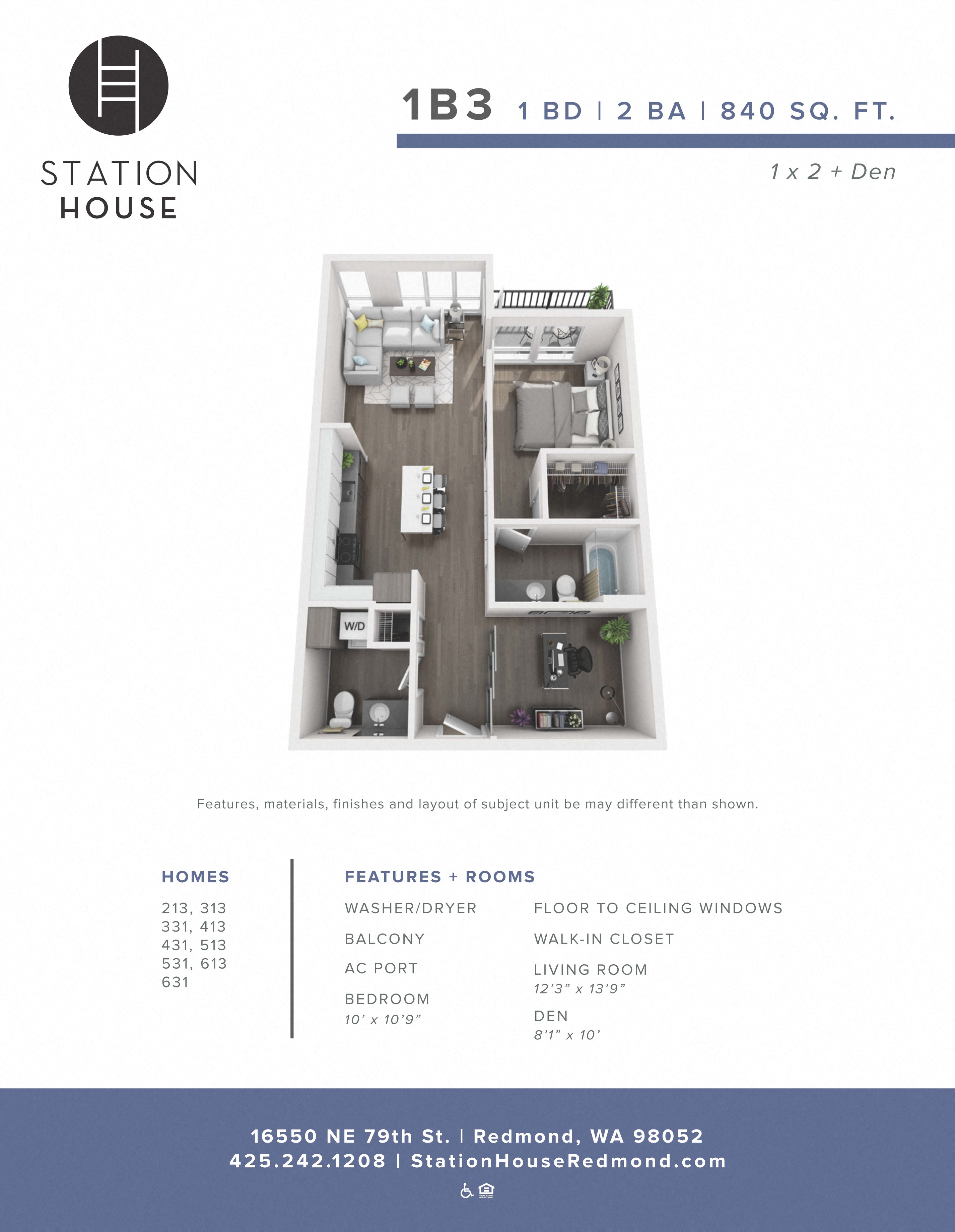 Floor plan for 1 bed, 2 baths, 840 sqft