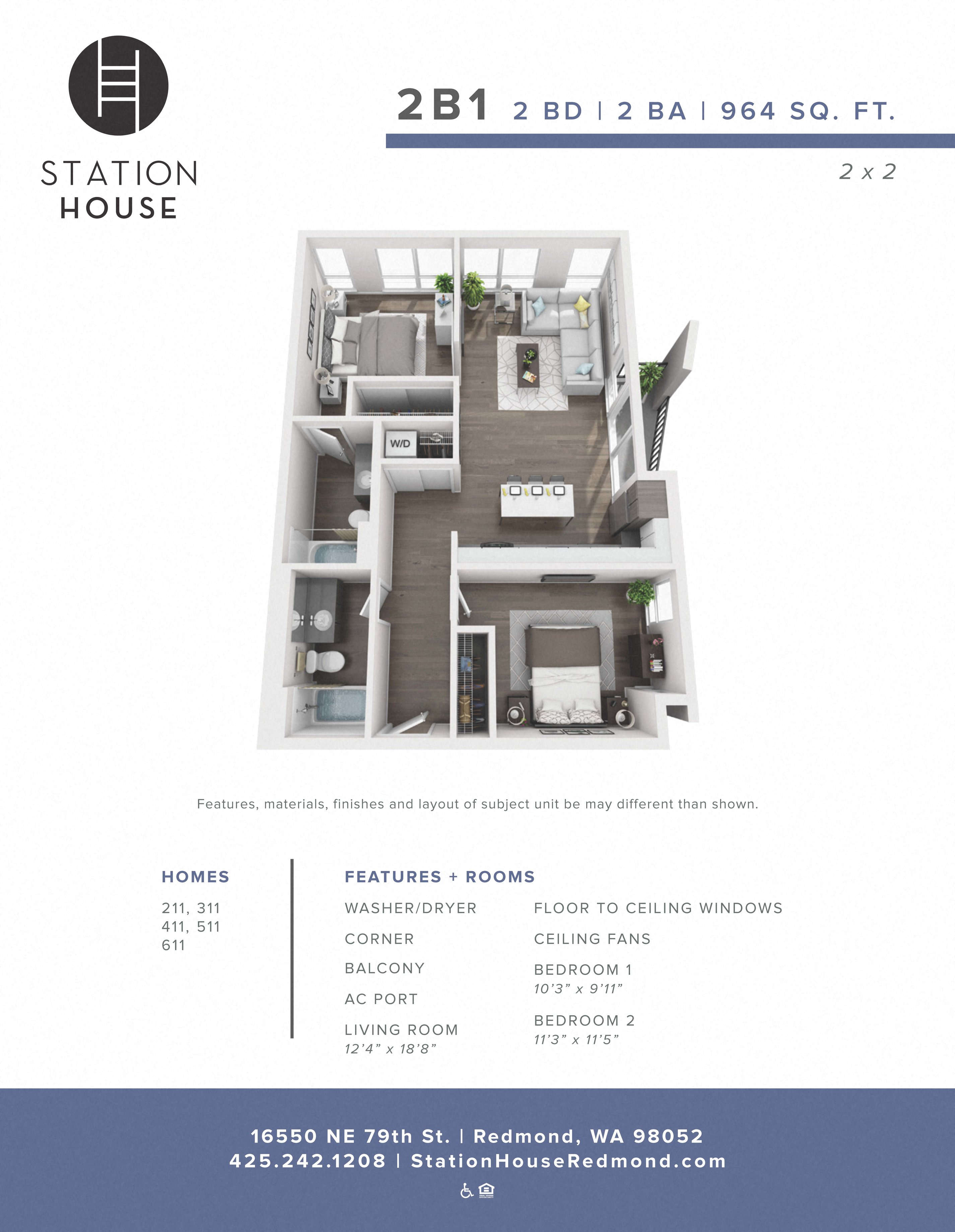 Floor plan for 2 beds, 2 baths, 964 sqft