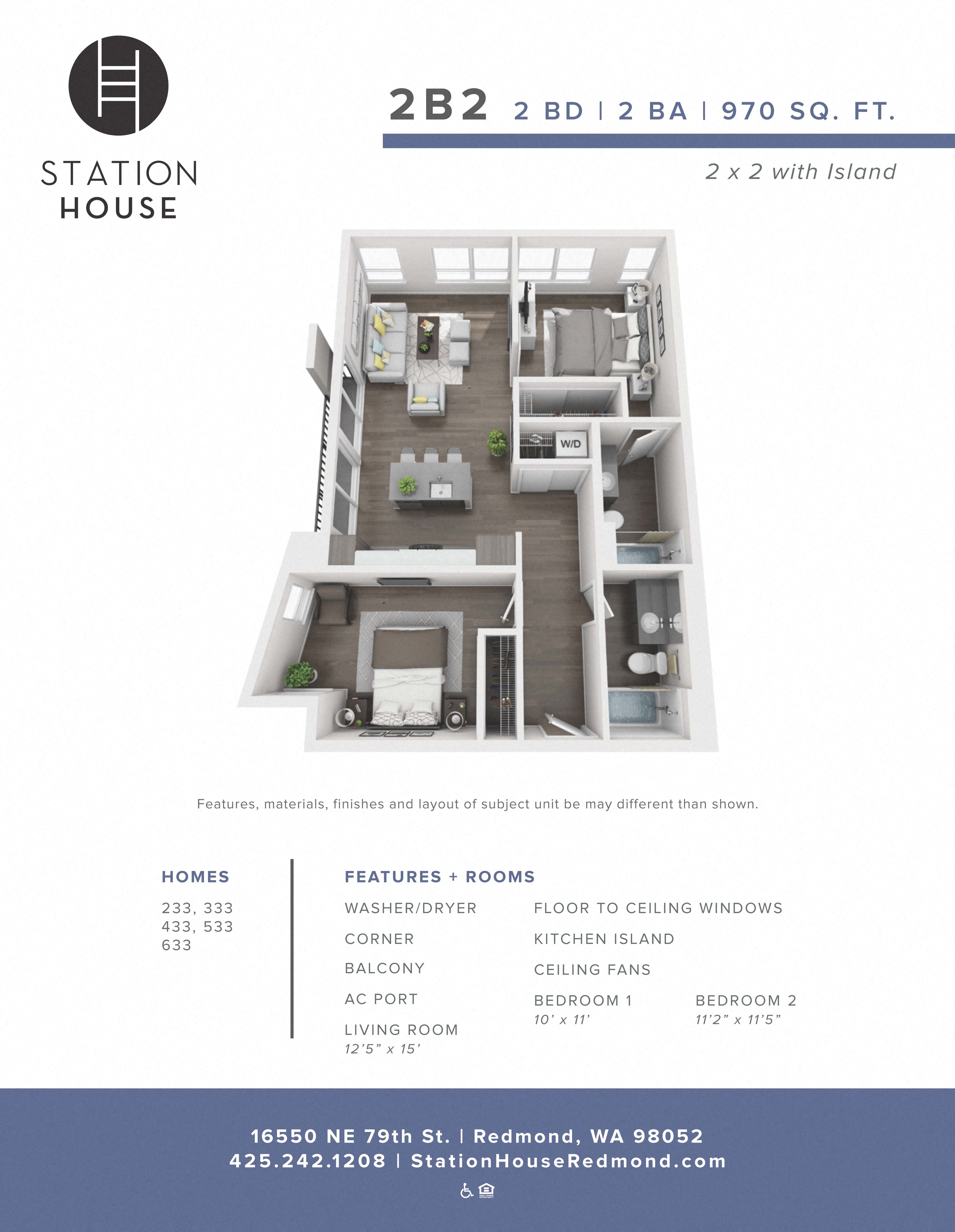 Floor plan for 2 beds, 2 baths, 970 sqft