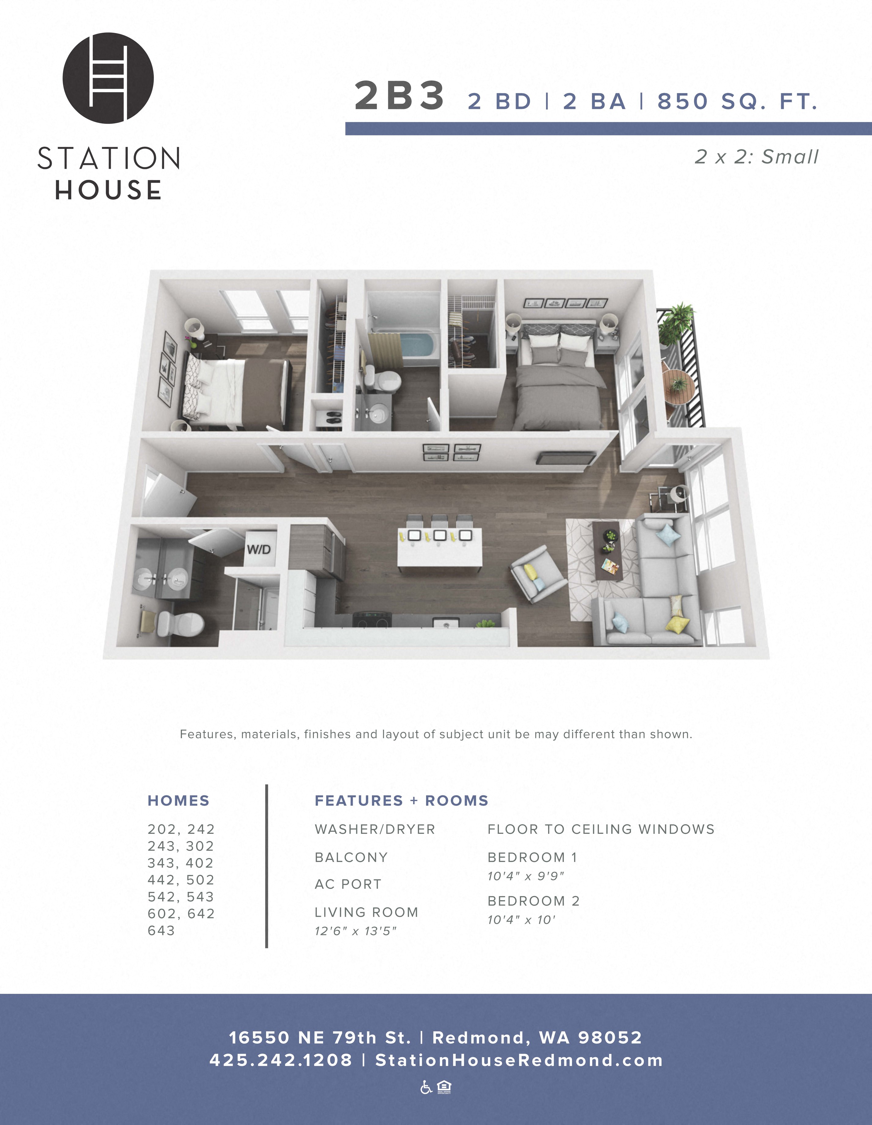 Floor plan for 2 beds, 2 baths, 850 sqft