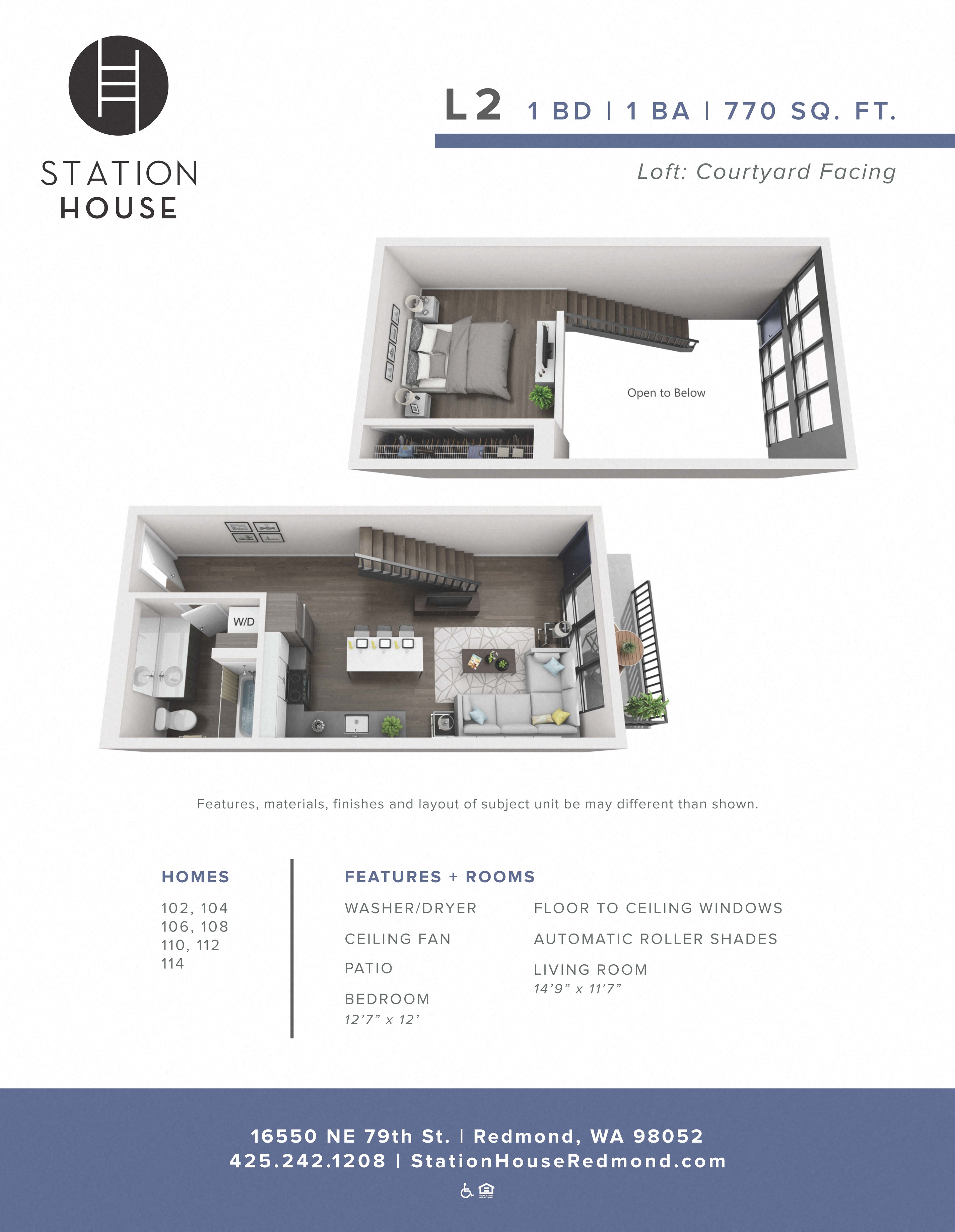 Floor plan for 1 bed, 1 bath, 770 sqft