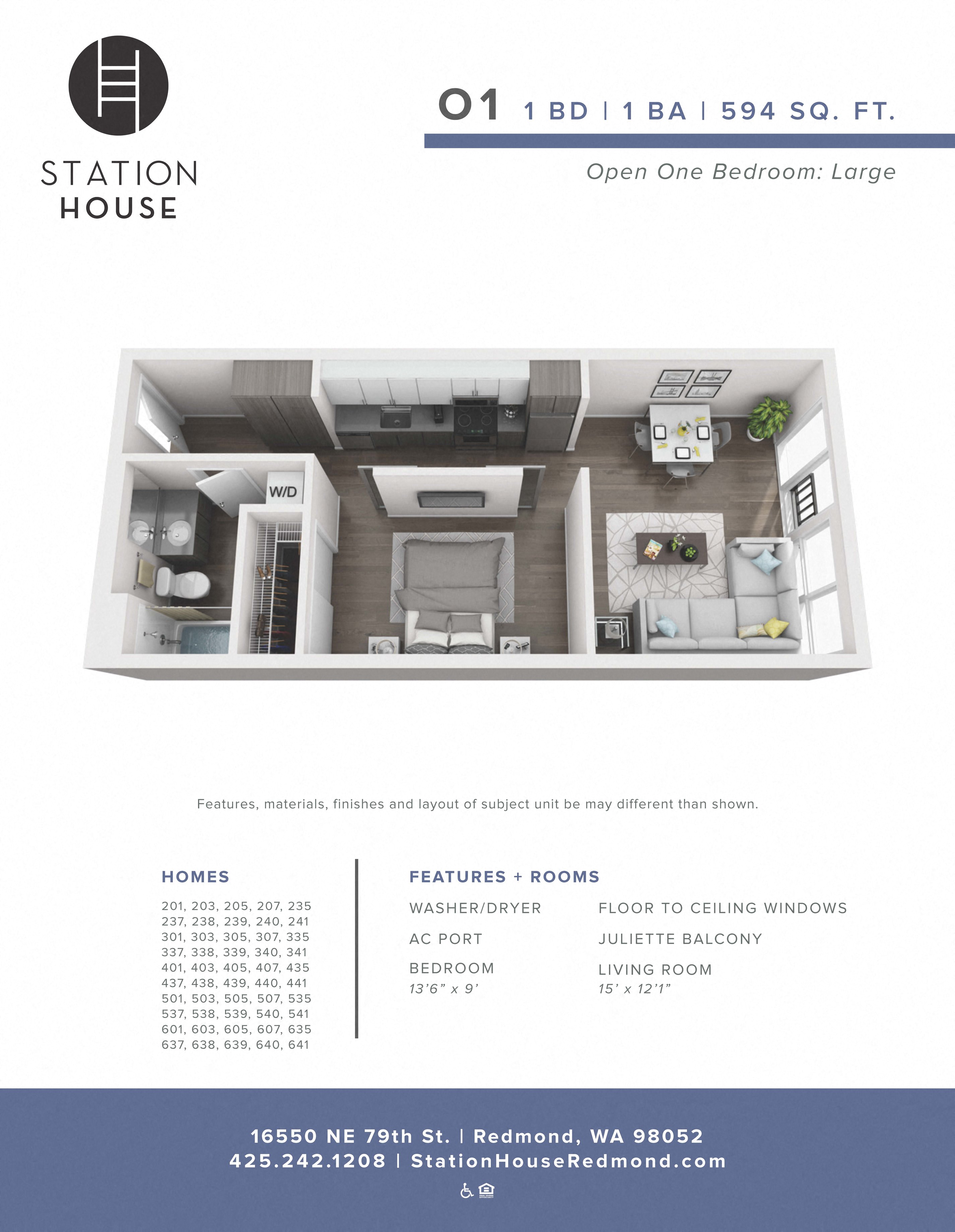 Floor plan for 1 bed, 1 bath, 594 sqft