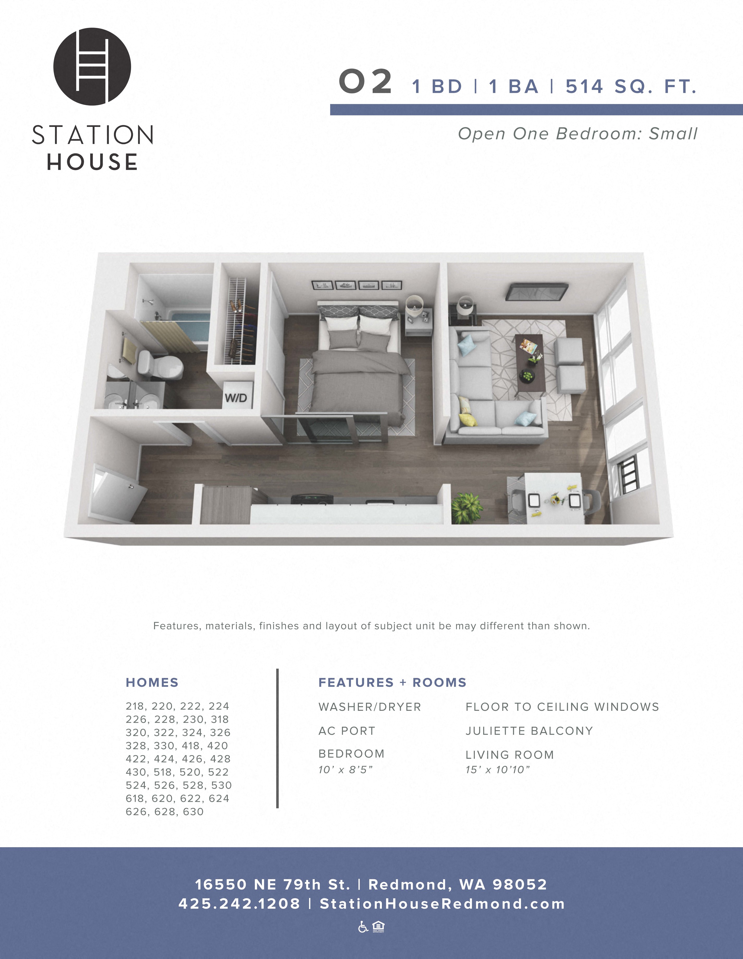 Floor plan for 1 bed, 1 bath, 514 sqft