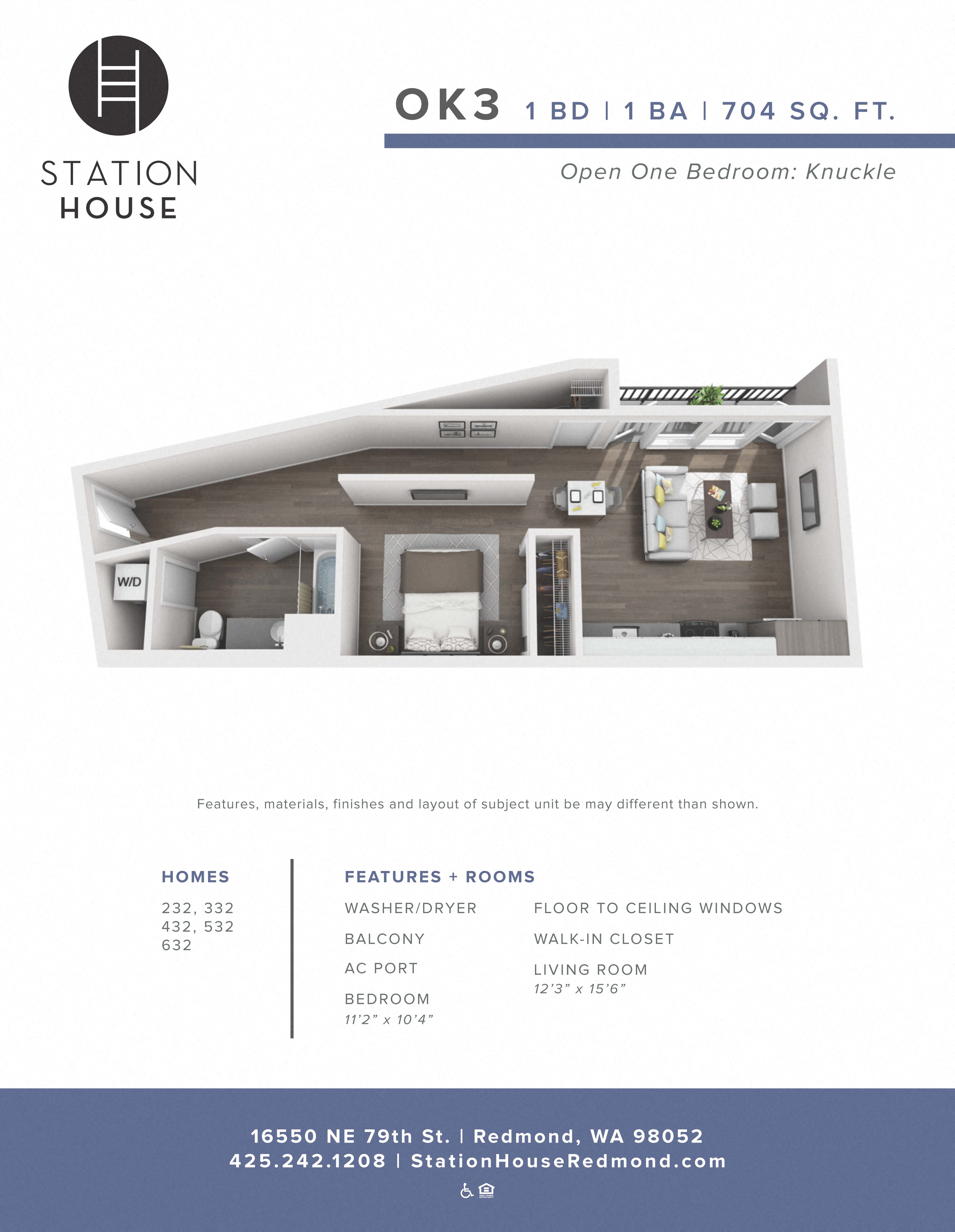Floor plan for 1 bed, 1 bath, 704 sqft