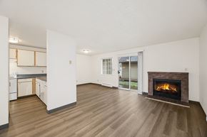 Seattle apartment for rent - A living room with a fireplace and a sliding glass door.