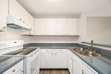Seattle apartment for rent - A kitchen with white cabinets and a stove top oven.