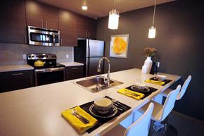 Seattle apartment for rent - A modern kitchen with a white countertop and black and white place mats.