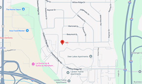 Amherst triplex for rent - A map shows a red marker in the middle of a neighborhood with various streets and locations labeled.