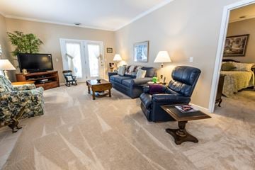 Lockport townhouse for rent - A living room with a blue couch and a television.