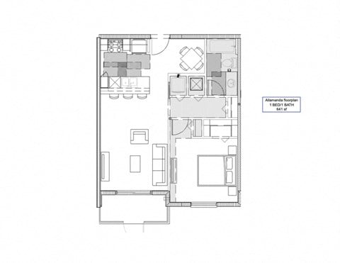 Floor plan for 1 bed, 1 bath, 641 sqft