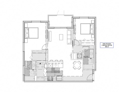 Floor plan for 2 beds, 2 baths, 960 sqft