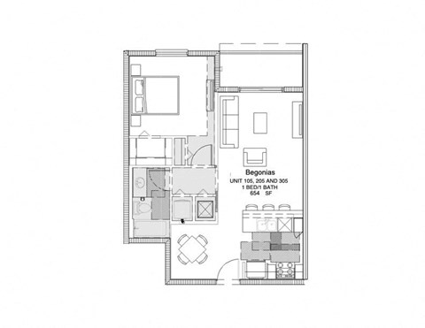 Floor plan for 1 bed, 1 bath, 654 sqft