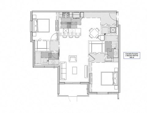 Floor plan for 2 beds, 2 baths, 908 sqft