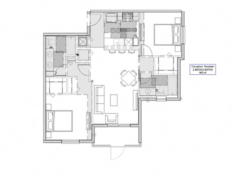 Floor plan for 2 beds, 2 baths, 863 sqft