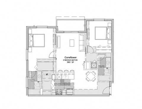 Floor plan for 2 beds, 2 baths, 960 sqft