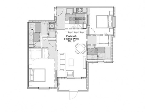 Floor plan for 2 beds, 2 baths, 863 sqft