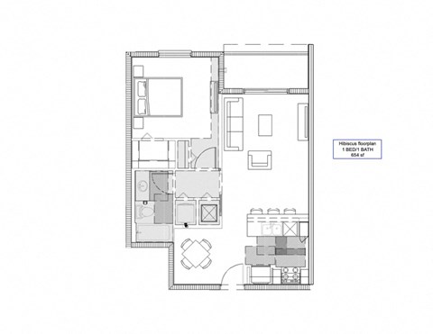 Floor plan for 1 bed, 1 bath, 654 sqft
