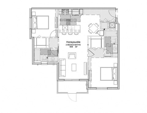 Floor plan for 2 beds, 2 baths, 908 sqft