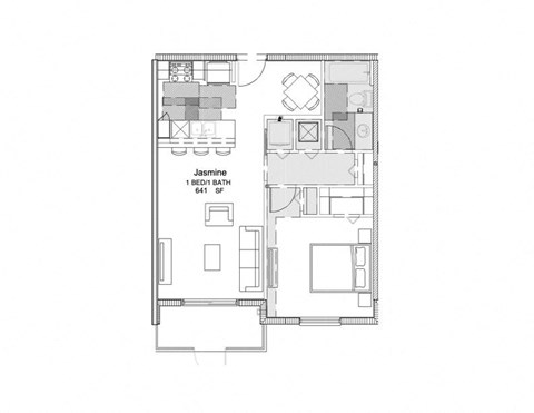 Floor plan for 1 bed, 1 bath, 641 sqft