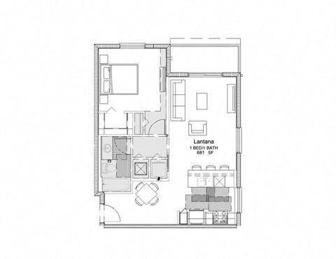 Floor plan for 1 bed, 1 bath, 681 sqft