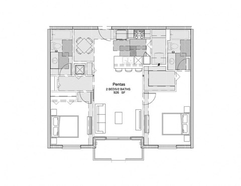 Floor plan for 2 beds, 2 baths, 926 sqft