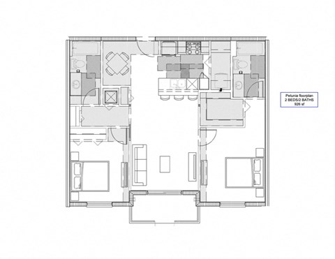 Floor plan for 2 beds, 2 baths, 926 sqft