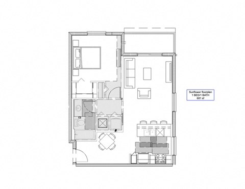 Floor plan for 1 bed, 1 bath, 681 sqft