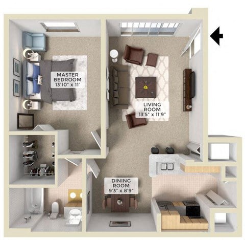 Floor plan for 1 bed, 1 bath, 698 sqft