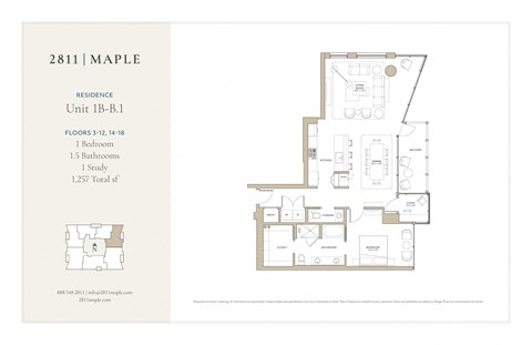 Floor plan for 1 bed, 1.5 baths, 1295 sqft