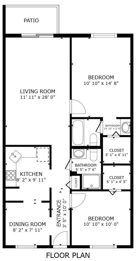 Floor plan for 2 beds, 2 baths, 1000 sqft