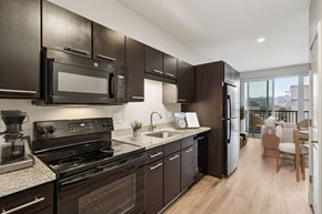 Pittsburgh apartment for rent - A kitchen with black cabinets and appliances.