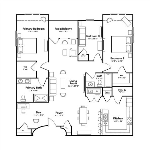 Floor plan for 3 beds, 2 baths, 1695 sqft