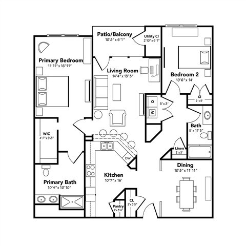 Floor plan for 2 beds, 2 baths, 1395 sqft