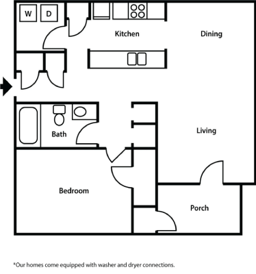 Floor plan for 1 bed, 1 bath, 807 sqft