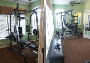 Dublin apartment for rent - a before and after picture of a home gym with weights and equipment