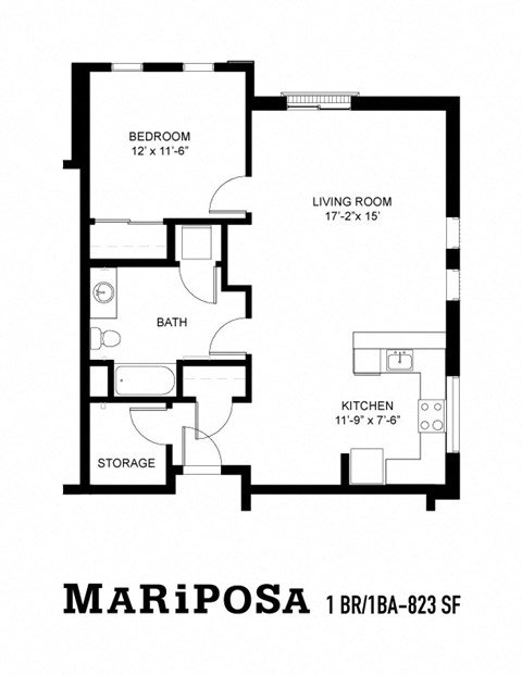 Floor plan for 1 bed, 1 bath, 860 sqft