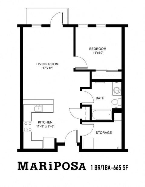 Floor plan for 1 bed, 1 bath, 860 sqft