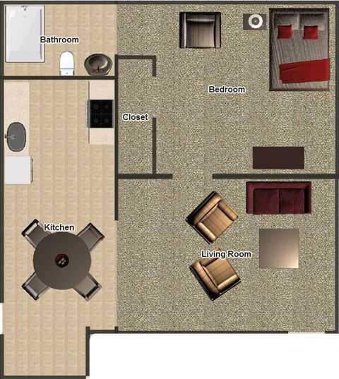 Floor plan for 1 bed, 1 bath, 634 sqft