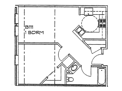 Floor plan for 1 bed, 1 bath, 600 sqft