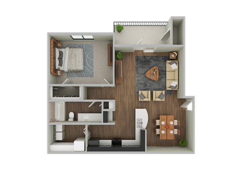 Floor plan for 1 bed, 1 bath, 738 sqft