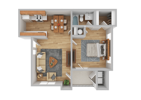 Floor plan for 1 bed, 1 bath, 687 sqft