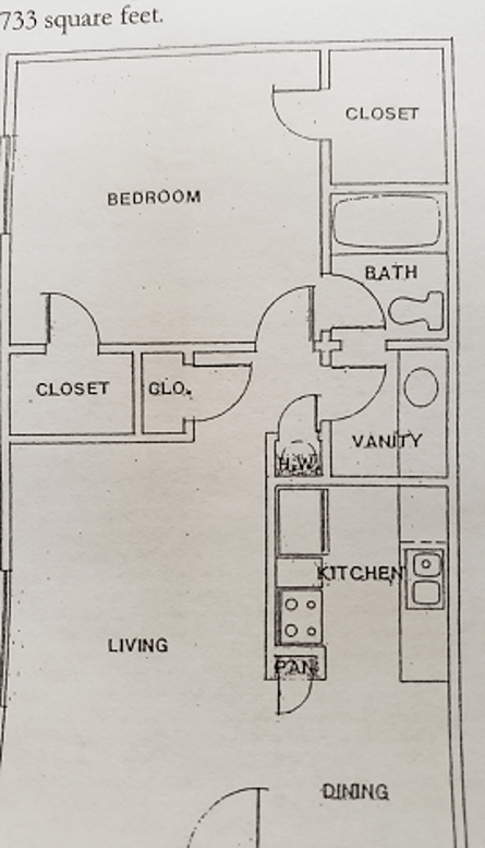 Floor plan for 1 bed, 1 bath, 733 sqft