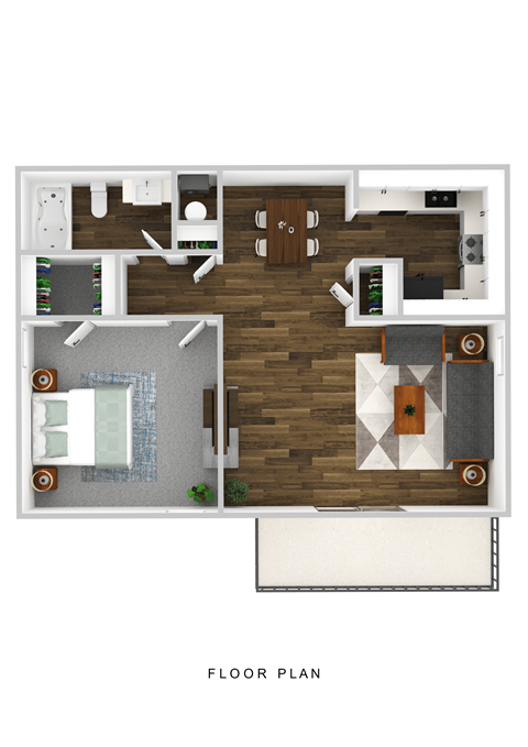 Floor plan for 1 bed, 1 bath, 750 sqft