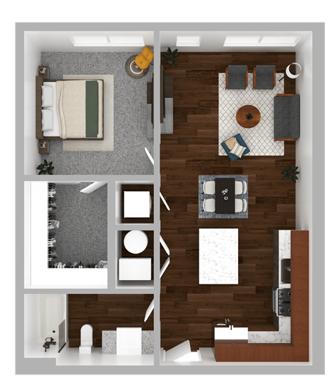 Floor plan for 1 bed, 1 bath, 625 sqft